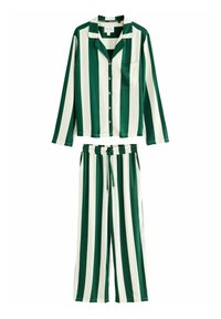 Grøn- og hvidstribet pyjamas sæt bestående af en knap-op langærmet skjorte med lomme og bukser med elastisk talje og snørebånd.