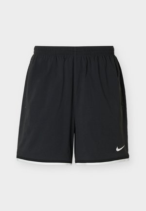 Sorte atletikshorts med elastisk linning, sidelommer, hvid kant forneden og hvid Nike Swoosh-logo på venstre ben.