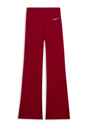 Leggings a zampa d'elefante color bordeaux realizzati in tessuto elasticizzato con un ampio elastico in vita e un piccolo logo argentato sul davanti, che aumentano comfort e flessibilità.