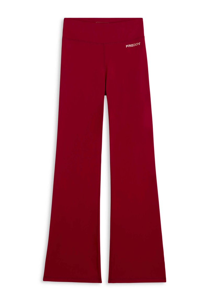 Leggings a zampa d'elefante color bordeaux realizzati in tessuto elasticizzato con un ampio elastico in vita e un piccolo logo argentato sul davanti, che aumentano comfort e flessibilità.