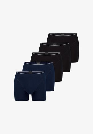 Packung mit fünf Boxer-Shorts, davon zwei marineblaue und drei schwarze. Hergestellt aus Stretchstoff mit glatter Textur und kontrastierendem Bund.