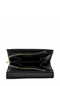 Portefeuille en cuir noir ouvert, montrant deux compartiments principaux et une fermeture éclair en métal doré autour de la section intérieure pour les pièces ou petits objets.