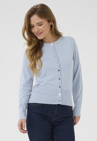 Cardigan azzurro chiaro realizzato in tessuto morbido, con scollatura rotonda, maniche lunghe e chiusura con bottoni argentati sul davanti.