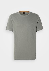 T-shirt uni gris clair à manches courtes et col rond avec petit logo "BOSS" sur la poitrine et détail orange à l'intérieur du col.