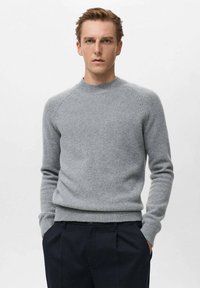 Maglione grigio a maglia con collo rotondo, polsini e orlo ribassati. Presenta una texture liscia e maniche raglan. Indossato con pantaloni scuri.