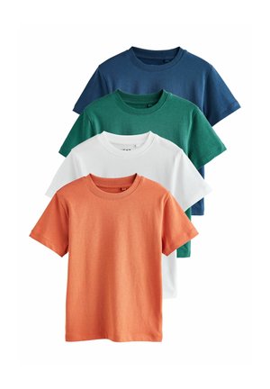 Four T-shirts made of cotton, featuring a variety of colors: navy blue, dark green, white, and orange. Classic crew neck and short sleeves.