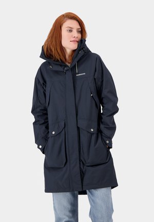 Marine blaue wasserdichte Jacke mit Kapuze, verfügt über Vordertaschen, Druckknöpfe und einen Reißverschluss. Einfaches, funktionales Design in einem legeren Schnitt.