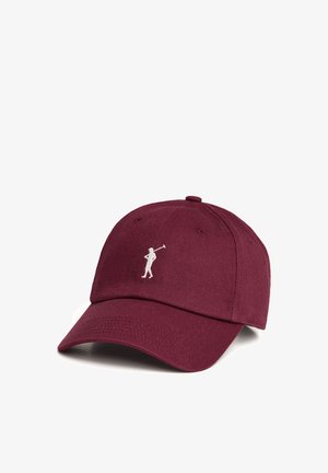 Gorra de béisbol color granate con visera curva que presenta un pequeño golfista blanco bordado mientras realiza un swing en el centro frontal.