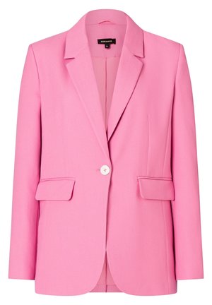 Rosa Blazer aus strukturiertem Stoff, mit einem Ein-Knopf-Verschluss, zwei Fronttaschen und einem Reverskragen-Design.