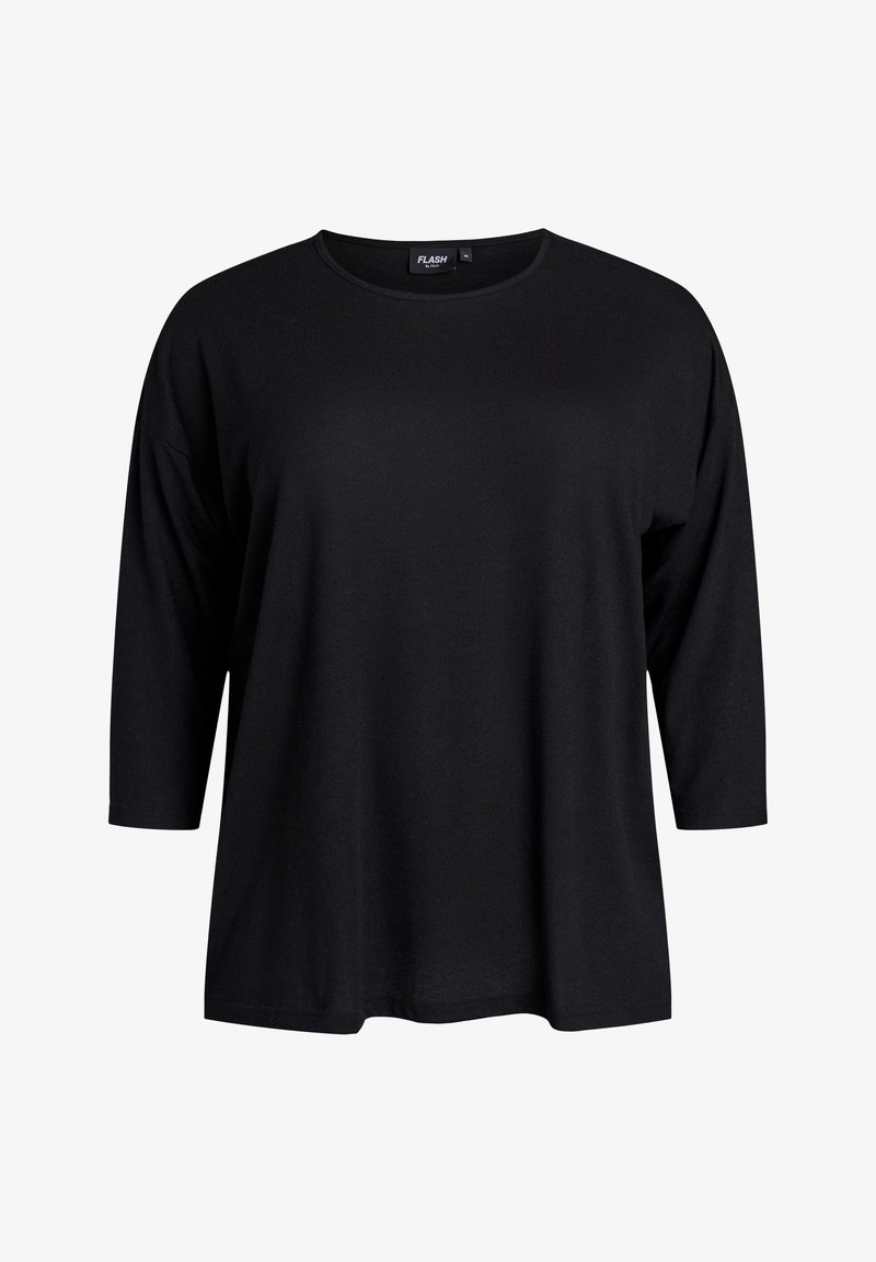 Mustmust kolmveerandvarrukatega tipp pehmest kangast. Omab ümmargust kaelust ja laia lõikega, minimaalsete detailide ja nähtavate aktsentideta.