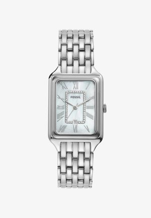 Montre-bracelet en acier inoxydable argenté avec un cadran rectangulaire, un cadran en nacre blanche, des chiffres romains et des accents en cristal.