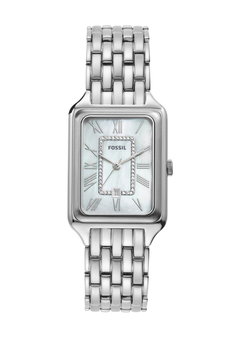 Montre-bracelet en acier inoxydable argenté avec un cadran rectangulaire, un cadran en nacre blanche, des chiffres romains et des accents en cristal.