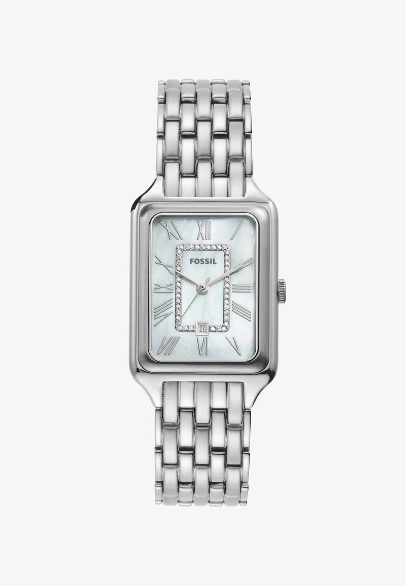 Montre-bracelet en acier inoxydable argenté avec un cadran rectangulaire, un cadran en nacre blanche, des chiffres romains et des accents en cristal.