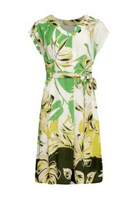 Short-sleeved dress featuring a tropical leaf pattern in green, yellow, and white. Includes a tie waist, flowing shape, and lightweight fabric.