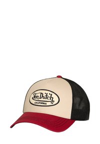 Gorra trucker en color tostado y negro con visera roja, que incluye un destacado logo bordado en negro de "Von Dutch California" en el panel frontal.