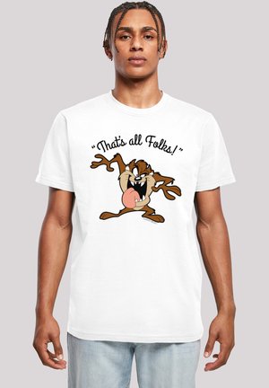 White short-sleeve t-shirt featuring a cartoon character in brown, black, and cream colors, with "That's all Folks!" text above.