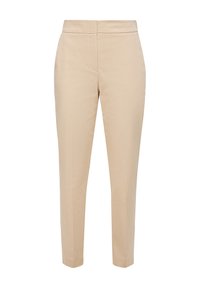 Pantalons beige ajustés avec une texture lisse, design à jambe droite et sans éléments métalliques visibles. Lignes épurées et finition minimaliste.
