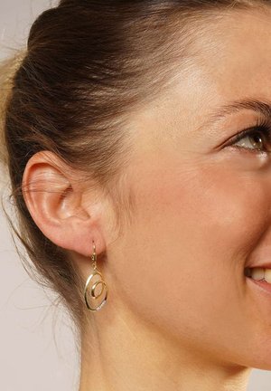 Goldfarbene Creolen mit einem Doppelschlingen-Design und kleinen Kristallen, die an einem einfachen Hebeverschluss hängen.