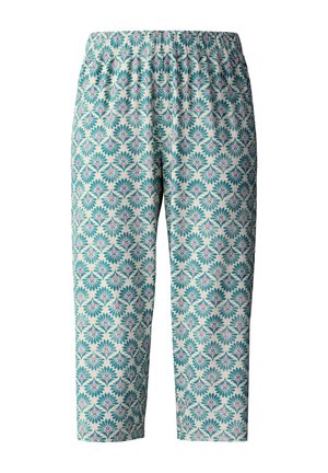 Pantaloni corti in cotone con uno sfondo color crema chiaro, caratterizzati da un motivo floreale teal e rosa. Vita elasticizzata per il comfort.