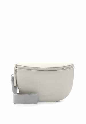 Gray leather crossbody bag with a zip closure, textured fabric strap, smooth exterior, and logo detailing on the front.