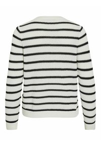 Vit tröja med tjocka svarta horisontella ränder, ribbad rundad halsringning och manschetter, texturerad stickad mönster och en avspänd passform.
