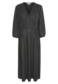 Svart, glittrande klänning med V-ringning, trekvartslånga puffärmar och en draperad midja. Faller till mitten av vaden med en mörk yta.