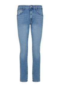 Hellblaue Denim-Jeans mit mittlerer Taillenhöhe, Knopf- und Reißverschluss vorne sowie klassischem Fünf-Taschen-Design.