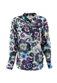 Chemise à manches longues, à boutons, en tissu léger, ornée d'un motif floral coloré avec des nuances de violet, de vert et de bleu sur un fond crème.