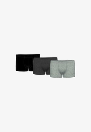 Drei Paare Herren-Boxershorts: eine schwarze, eine dunkelgraue und eine hellgraue. Weicher Stoff mit elastischem Bund, ohne sichtbare Muster.