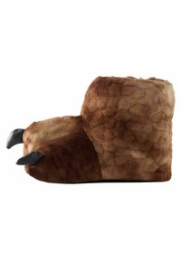 Plüschige braune Hausschuhe in Form von tierischen Pfoten mit schwarzen Krallen, aus weichem Textilstoff und einem runden, gepolsterten Design.