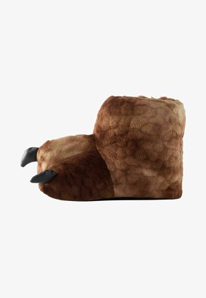Pantofole pelose marroni a forma di zampe di animali con artigli neri, in tessuto morbido dalla texture piacevole e con un design arrotondato e imbottito.