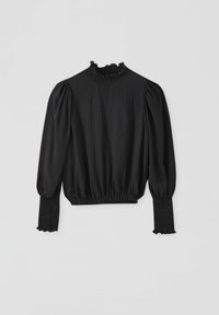 Schwarze Bluse mit langen Ärmeln, hoch rüschenbesetztem Kragen, plissierter Textur und gerafften Manschetten. Sie hat einen lockeren Schnitt und einen elastischen Taillenbund.
