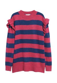 Fuchsia- und marineblau gestreifter Pullover mit Rüschendetails an den Schultern, aus weichem Strickmaterial, mit Rundhalsausschnitt und geripptem Saum.