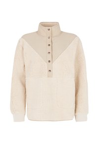 Fleece pullover in crème met een gestructureerd lichaam, contrasterende gladde schouderstukken, hoge kraag en een vijfknopenlijst. Twee voorzakken.