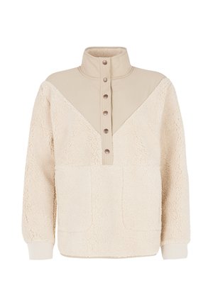 Fleece pullover in crème met een gestructureerd lichaam, contrasterende gladde schouderstukken, hoge kraag en een vijfknopenlijst. Twee voorzakken.