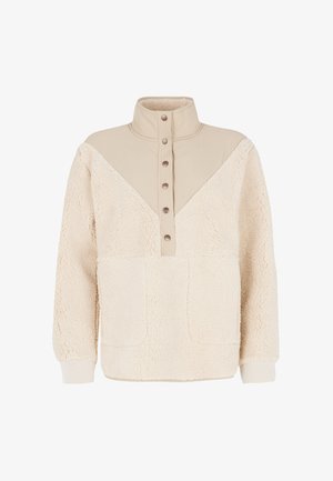Fleece-Pullover in Creme mit strukturiertem Oberteil, kontrastierendem glatten Schulterbereich, hohem Kragen und fünfknöpfiger Knopfleiste. Zwei Vorderstaschen.