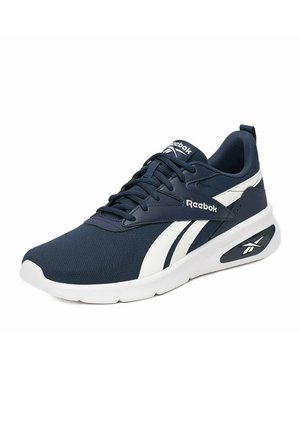 Granatowy sneaker Reebok z białymi paskami, czarnymi sznurowadłami, amortyzowaną podeszwą i logo Reebok po bokach oraz na języku.