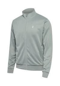 Lys grå zip-up jakke lavet af glat stof, med høj krave, lommer og et hvidt logo på brystet.
