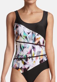 Maillot de bain une pièce noir avec un motif géométrique coloré sur la poitrine et des sections noires contrastantes. Texture lisse et bretelles classiques.