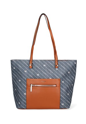 Sac fourre-tout bleu à rayures avec des accents en faux cuir marron, doté d'une poche zippée à l'avant et de deux poignées. Matériau textile doux.