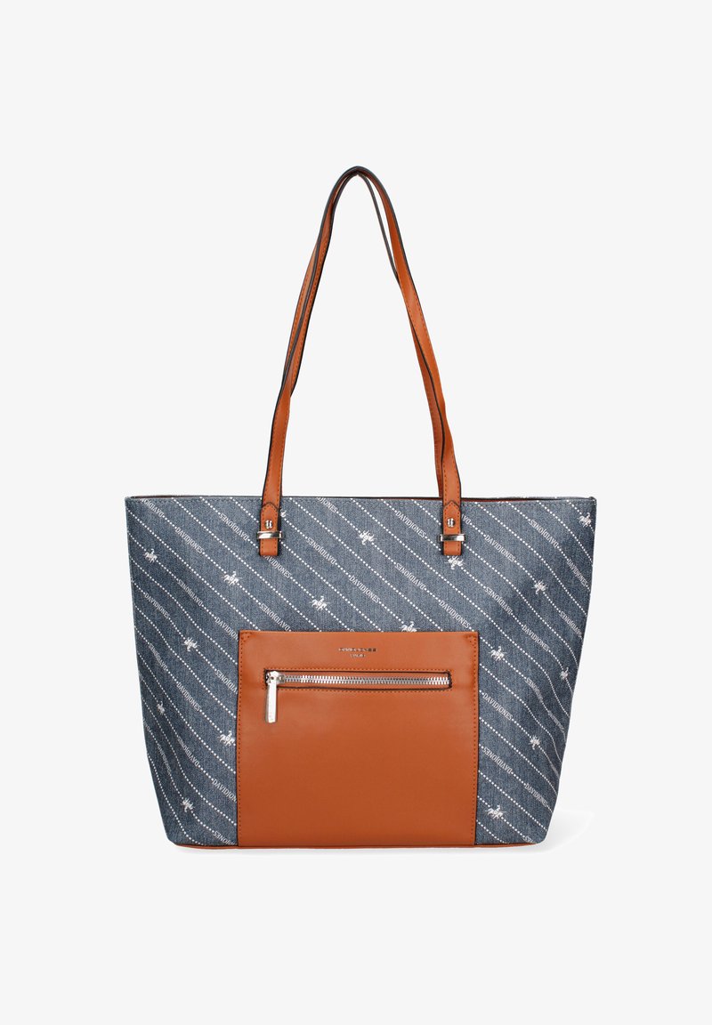 Sac fourre-tout bleu à rayures avec des accents en faux cuir marron, doté d'une poche zippée à l'avant et de deux poignées. Matériau textile doux.