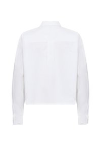 White cropped shirt with long sleeves, button cuffs, a back pleat, and a pointed collar. Smooth texture and classic design.