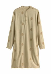 Beige Tunika aus leichtem Stoff, mit rundem Ausschnitt, Knopfleiste und goldfarbener floralem Stickerei in einem verstreuten Muster.
