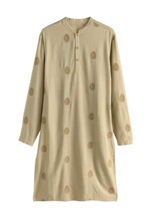 Tunica beige realizzata in tessuto leggero, con scollatura rotonda, chiusura a bottoni e ricamo floreale dorato in un motivo sparso.