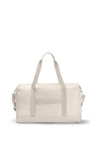 Beige Reisetasche mit verstärkten Griffen und einem abnehmbaren Schultergurt. Glattes, langlebiges Material mit einem dezenten Glanz und minimalistischem Design.