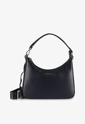 Borsa a mano in pelle nera texturizzata con tracolla removibile, manico superiore e logo "Bogner" argentato al centro sul davanti.