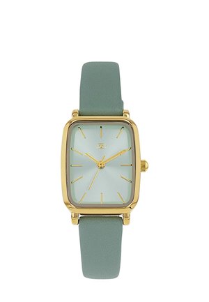 Rectangular gold wristwatch with light green face, gold hour markers and hands, paired with a textured light green leather strap.