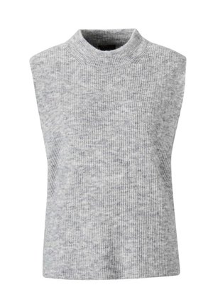 Helles graues ärmelloses Shirt mit hohem Ausschnitt, aus geripptem Strickmaterial gefertigt; zeichnet sich durch eine glatte Textur und dezente Farbnuancen aus.