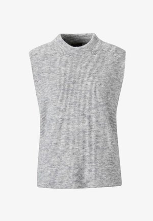 Helles graues ärmelloses Shirt mit hohem Ausschnitt, aus geripptem Strickmaterial gefertigt; zeichnet sich durch eine glatte Textur und dezente Farbnuancen aus.