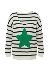 Sweter w biało-czarne paski, z dużą zieloną gwiazdą na środku. Model z dekoltem w serek i długimi rękawami. Wykonany z miękkiego materiału.